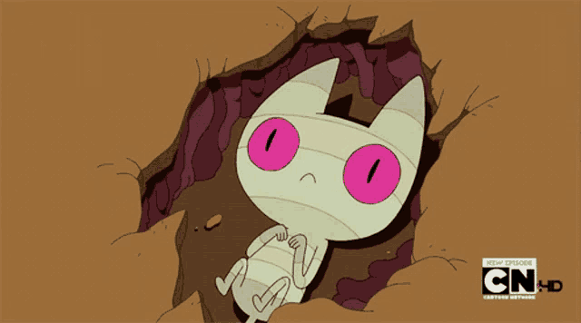 a cartoon of a cat with pink eyes and the words cn hd below it