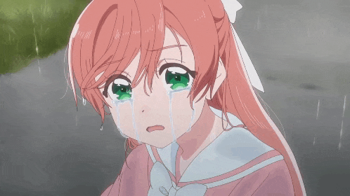 a girl with pink hair and green eyes is crying in the rain