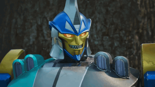 a robot with a blue and white helmet is smiling