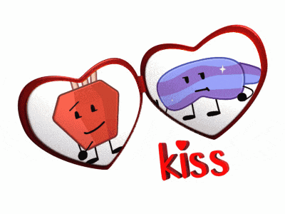 a red heart and a purple object in a heart shaped frame with the word kiss below them