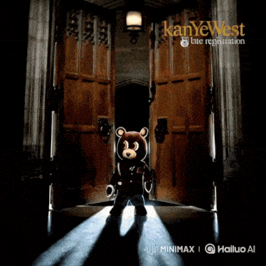 a kanye west album cover with a teddy bear in front of a wooden door