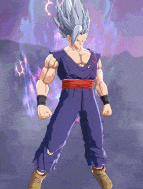 a cartoon character with a red belt around his waist is standing in front of a purple background