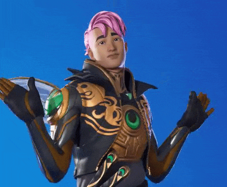 a man with pink hair is wearing a black and gold outfit with wings and a blue background .