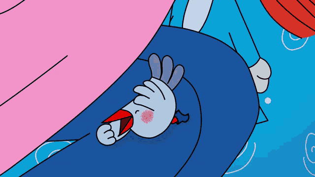 a cartoon drawing of a bird with a red beak laying on a blue surface