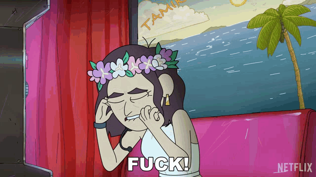 a cartoon of a woman with a flower crown on her head saying fuck