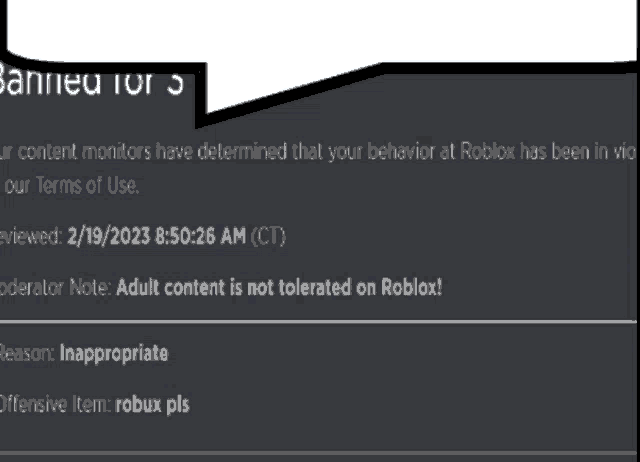 a black screen with a speech bubble that says banned for
