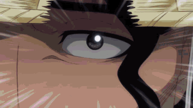a close up of a man 's eye with a straw hat