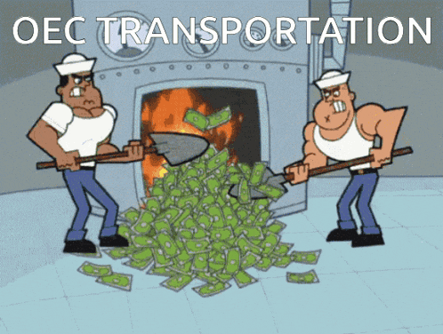 a cartoon of two men shoveling money into a fireplace with the words oec transportation written on the bottom