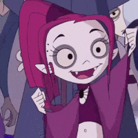 a cartoon of a girl with pink hair and a purple cape