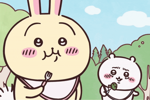 a cartoon of a rabbit holding a fork next to a bear holding a broccoli