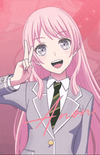 a girl with pink hair is wearing a suit and tie and giving a peace sign