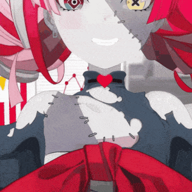 a close up of a cartoon character with red hair and a heart on her chest