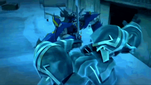 a robot with a sword is fighting another robot in the snow .