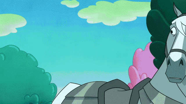a cartoon of a horse with a blue sky and clouds in the background