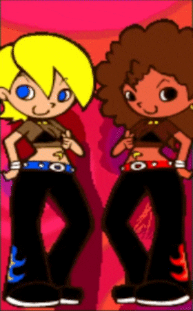 two cartoon characters are standing next to each other and one has the letter o on her belt