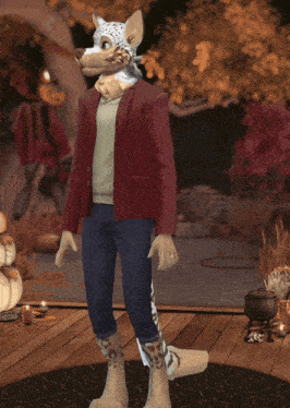 a furry character in a red jacket and blue jeans
