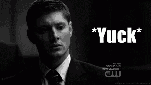 a black and white photo of a man in a suit and tie with the words * yuck *