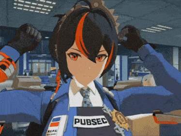 a girl in a blue uniform has a patch that says pubsec on it