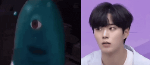 a close up of a person 's face next to a close up of a person 's face with a red eye .