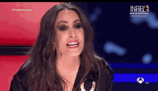 a woman with long hair is smiling and making a funny face on a tv show .