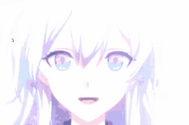 a close up of a anime girl 's face with white hair and blue eyes