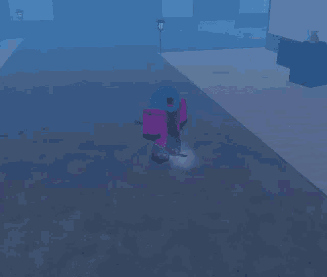 a cartoon character is walking through a foggy room