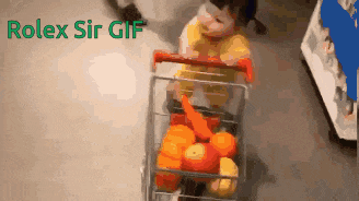 a child pushes a shopping cart full of oranges and apples with the words rolex sir gif below it