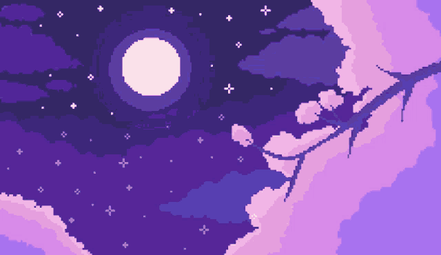 a pixel art of a tree branch against a purple sky with a full moon