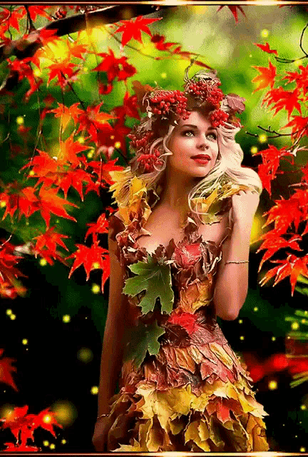 a woman in a dress made out of leaves