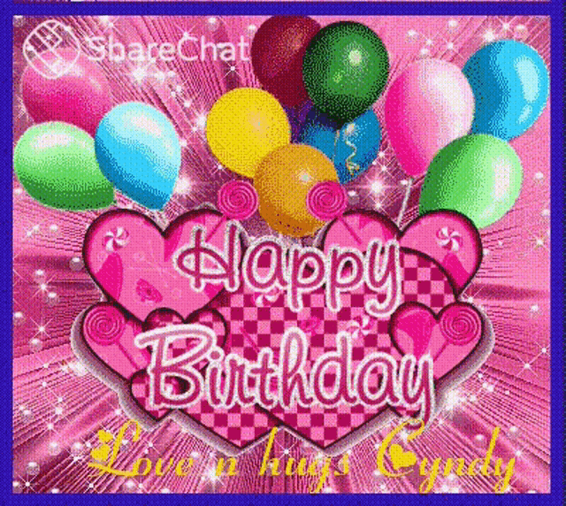 a happy birthday card with balloons and hearts on a pink background