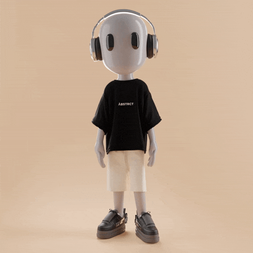 a robot wearing headphones and a black abstract t-shirt