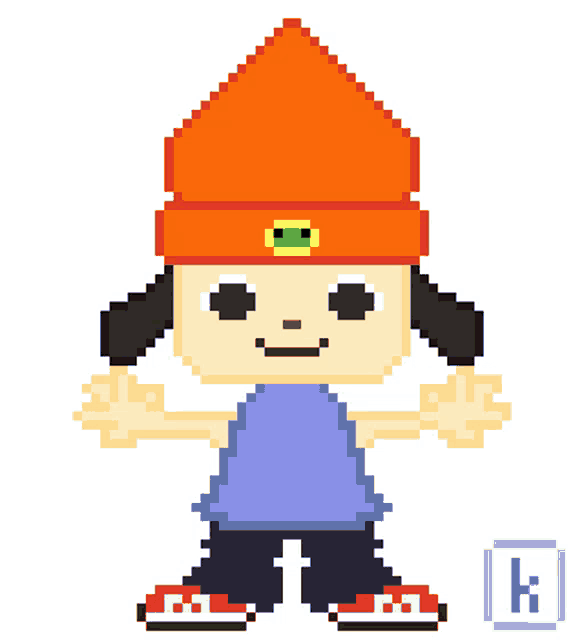 a pixel art of a boy wearing an orange hat and a purple shirt