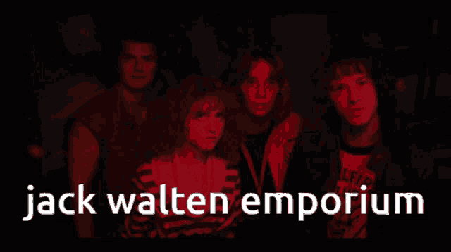 a group of people standing in a dark room with the words jack walten emporium written in white