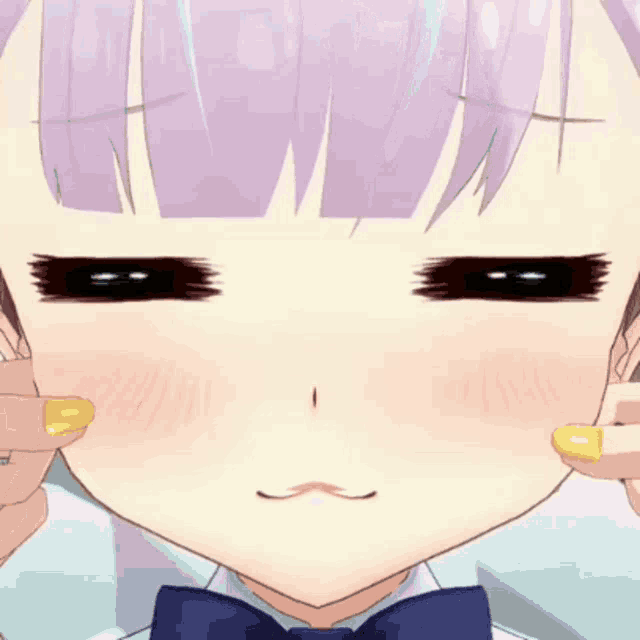a close up of a girl 's face with purple hair and black eyes