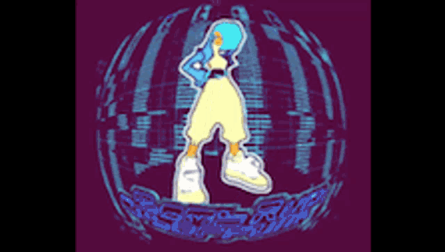 a cartoon of a girl with blue hair standing in a circle