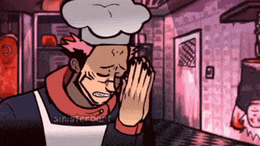a cartoon of a man wearing a chef 's hat is covering his face with his hands .