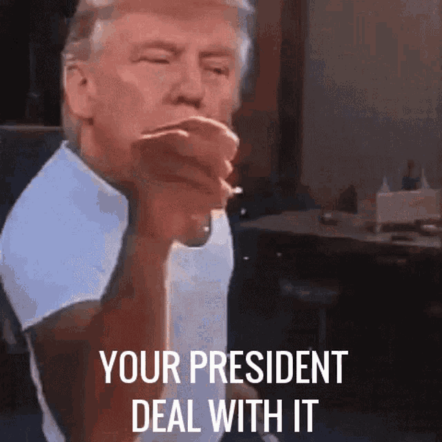 donald trump is smoking a cigarette and saying your president deal with it .