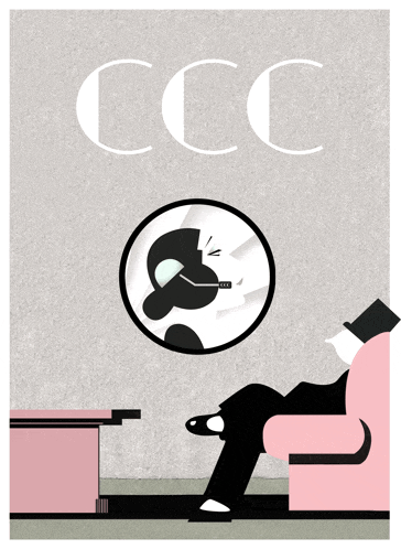 a poster for ccc shows a woman smoking a cigarette and reading a book
