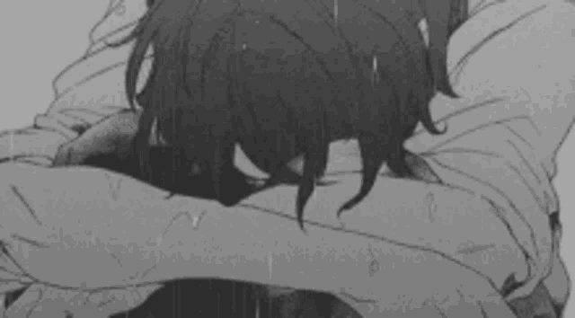 a black and white drawing of a girl sitting in the rain with her head in her hands .