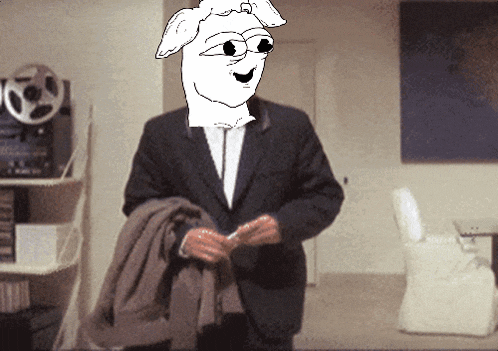 a cartoon of a man in a suit with a white face on his head