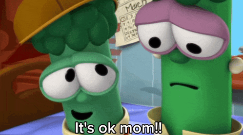 a cartoon character says it 's ok mom while standing next to another character