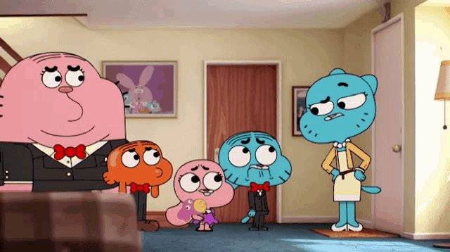 a group of cartoon characters including gumball and darwin are standing in a living room