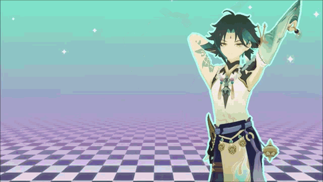 a cartoon character is standing in front of a checkered floor and holding a sword .