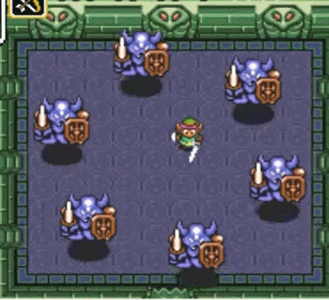 a screenshot of a video game with a person standing in the middle of a room surrounded by demons .