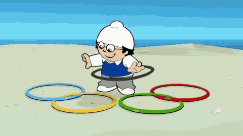 a cartoon boy is playing with hula hoops on a beach
