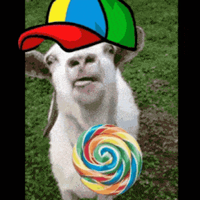a goat wearing a colorful hat and holding a colorful lollipop