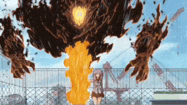 a girl in a school uniform is standing in front of a giant monster