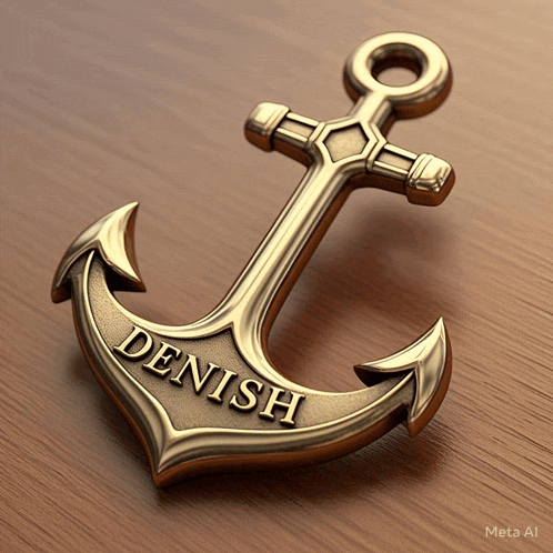 a brass anchor with the name denish on it
