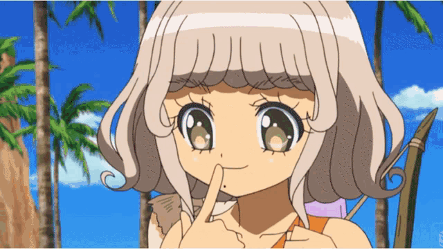 a cartoon girl with blonde hair is holding her finger to her nose