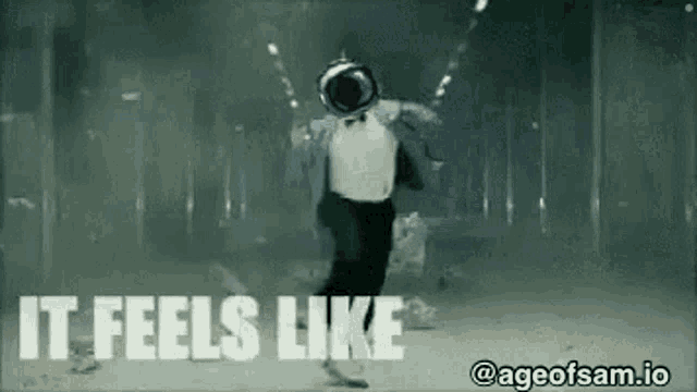 a man in a suit and bow tie is dancing with the words it feels like ageofsam.io written below him